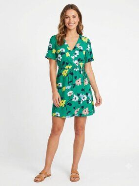 Adorable Basement Floral Faux Wrap Dress Green, Size Small